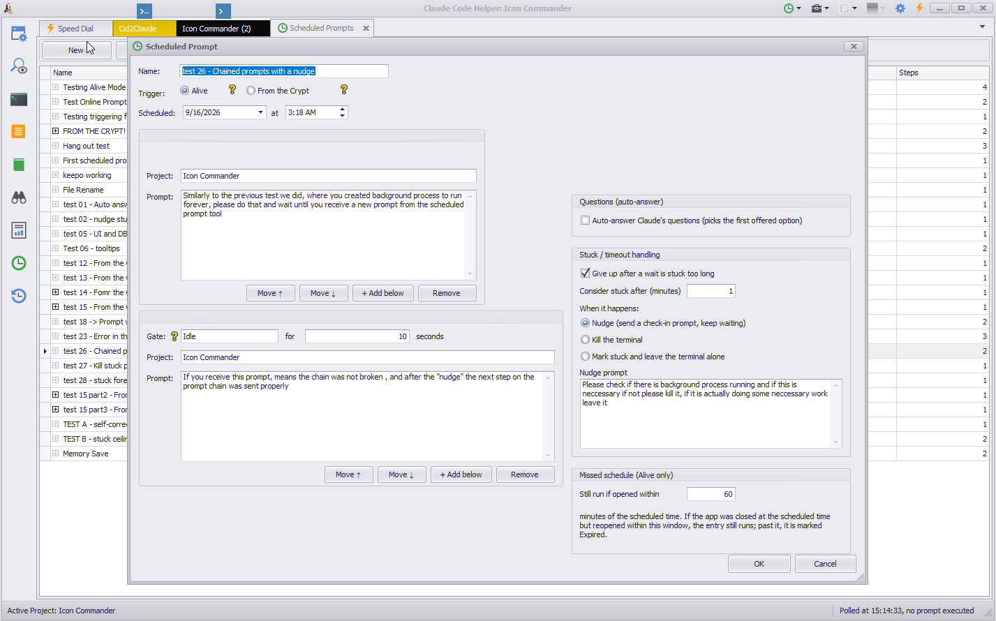CidToClaude Scheduled Prompts entry list and chain builder